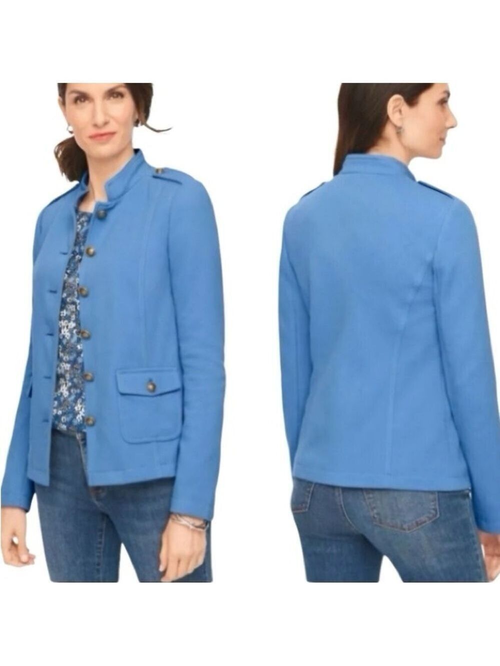 New Talbots Blue Knit Military Epaulette Button Front Jacket size 16P